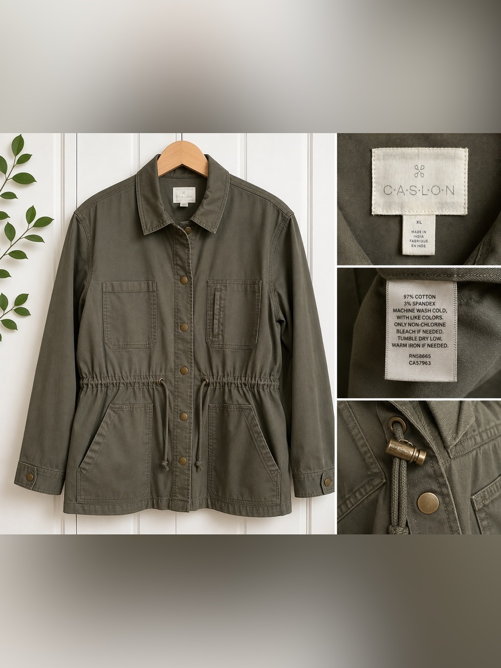 Caslon Olive Green Utility Jacket XL Cotton Stretch Military Safari Anorak Snap